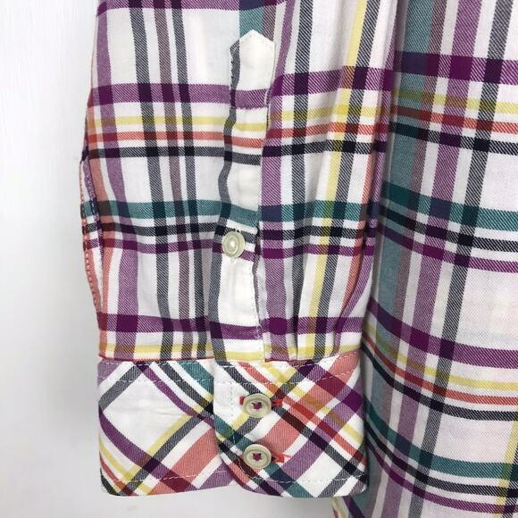Talbots Petites Plaid Button Up Top White Purple Green Orange Cotton Yellow MP - Picture 2 of 5